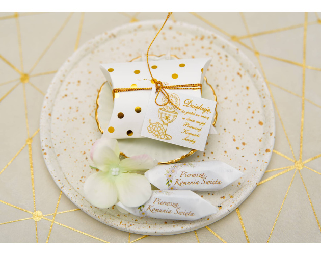 Podziękowanie - Pierwsza Komunia Święta - Krówki w pudełku w kropki