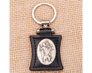 Brelok św. Krzysztof Owalny na Skórze Czarny