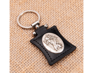 Brelok św. Krzysztof Owalny na Skórze Czarny