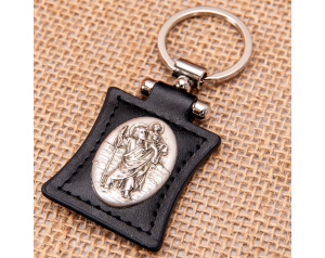 Brelok św. Krzysztof Owalny na Skórze Czarny