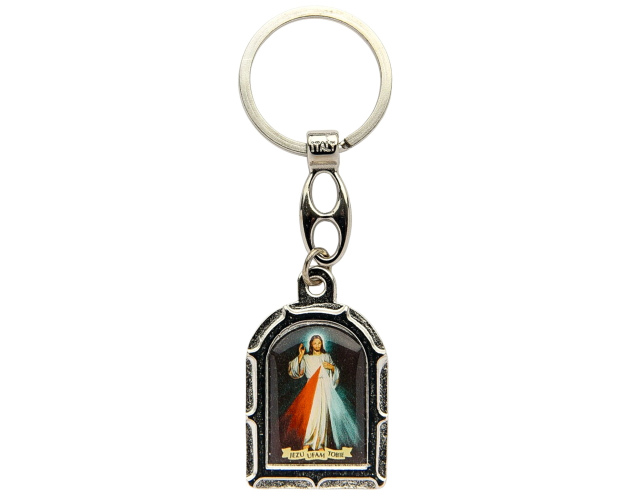 Brelok święty Krzysztof z Jezusem Miłosiernym – metalowy, dwustronny owalny brelok dla kierowców