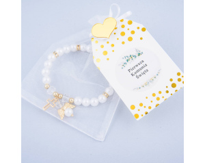 Bransoletka z Aniołkiem i Krzyżykiem Komunijna Biała