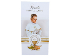 Kartka na komunię z IHS Pamiątka Pierwszej Komunii Świętej Dla Chłopca z Kopertą