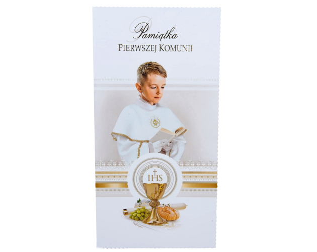 Kartka na komunię z IHS Pamiątka Pierwszej Komunii Świętej Dla Chłopca z Kopertą