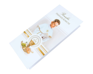 Kartka na komunię z IHS Pamiątka Pierwszej Komunii Świętej Dla Chłopca z Kopertą