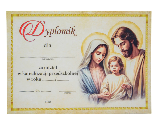 Dyplom ukończenia katechezy przedszkolnej ze Świętą Rodziną Zestaw 10 szt. - Dyplom religijny dla dzieci, przedszkola
