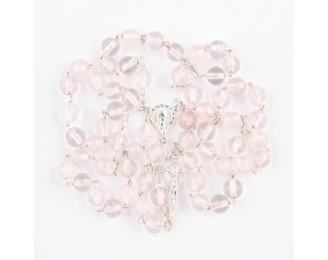 Różaniec srebrny z kamieni półszlachetnych Kwarc Różowy Lodowy