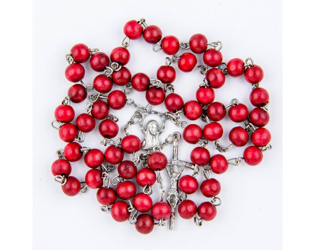 Różaniec drewniany bordowy na drucie