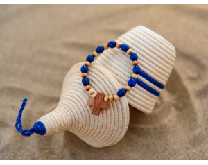 Różaniec Drewniany Bransoletka Granatowa z Białym Krzyżykiem