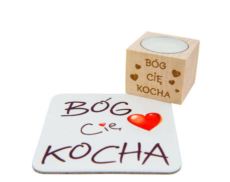 Zestaw Świecznik Bóg Cię Kocha na podkładce