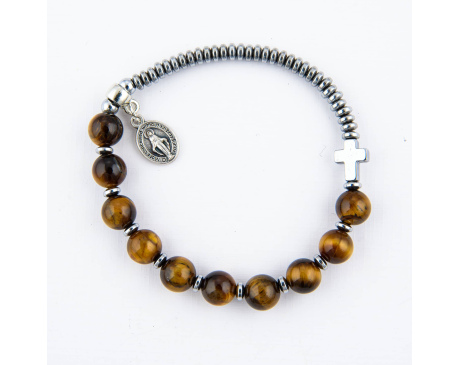 Różaniec bransoletka Tygrysie Oko z medalikiem Maryi