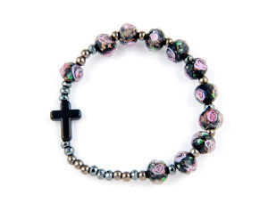 Różaniec Bransoletka z Krzyżykiem Czarna z różami