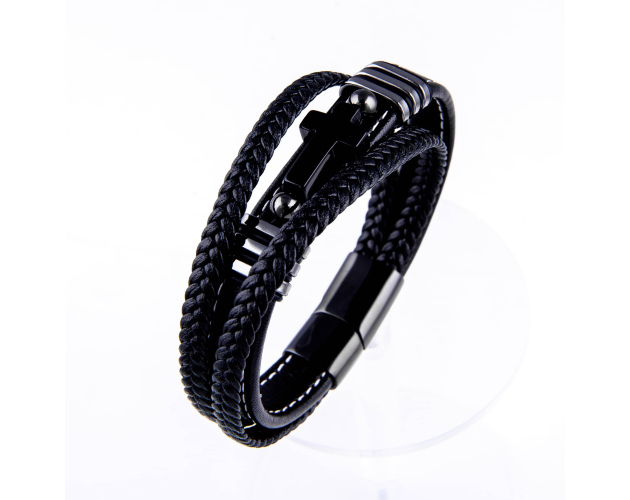 Bransoletka ze skóry męska z czarym krzyżem