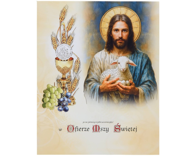 Obrazek komunijny z ramką, Jezus z owieczką