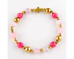 Bransoletka różaniec z kamieni na rękę - różowo-złota