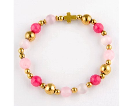 Bransoletka różaniec z kamieni na rękę - różowo-złota