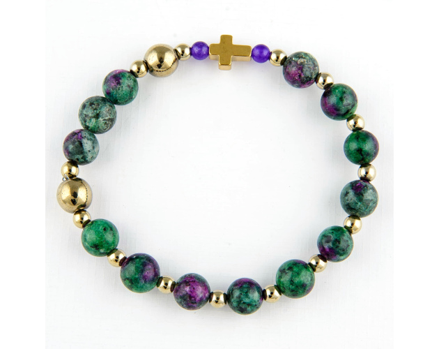 Bransoletka różaniec z kamieni na rękę - zoisyt z rubinem