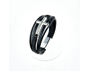 Bransoletka męska z metalowym krzyżem, czarna skóra