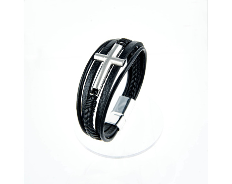 Bransoletka męska z metalowym krzyżem, czarna skóra