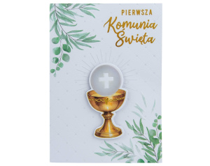 Kartka Pamiątka Komunii – IHS, zielone kwiaty, złota ramka