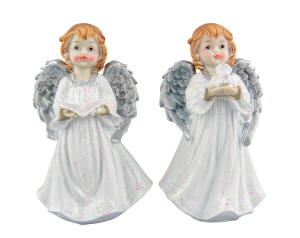 Figura aniołów stojących – książka i kwiat, brokat, srebrne skrzydła