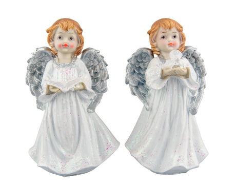 Figura aniołów stojących – książka i kwiat, brokat, srebrne skrzydła