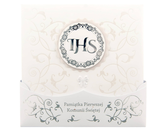 Pamiątka I Komunii Świętej – IHS srebrny, eleganckie ornamenty