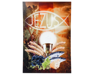 Plakat religijny – Eucharystia, IHS, kielich, chleb i ryby