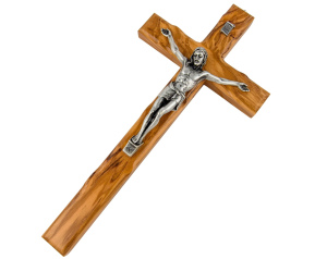Krzyż oliwny 34 cm – drewno oliwne, metalowa figura Jezusa
