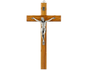 Krzyż oliwny 28 cm – drewno oliwne, metalowa figura Jezusa