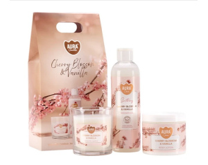 Zestaw Prezentowy AURA Cherry Blossom & Vanilla – świeca, żel pod prysznic, balsam
