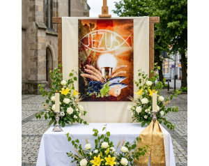 Plakat religijny – Eucharystia, IHS, kielich, chleb i ryby
