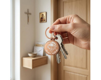 Brelok okrągły „Bogu ufam” z orłem – kolor różowego złota