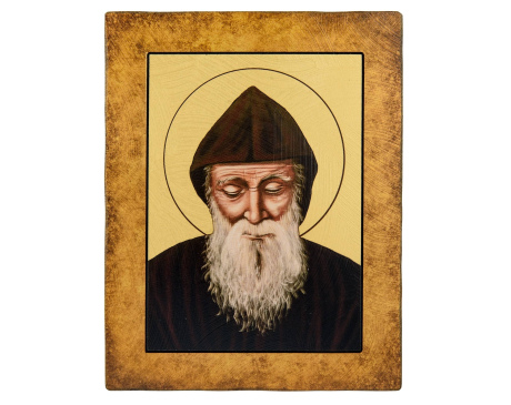 Ikona Święty Charbel na desce – klasyczna, złote tło