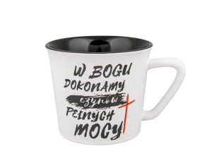 Kubek z cytatem biblijnym – W Bogu dokonamy czynów pełnych mocy – porcelanowy kubek chrześcijański na prezent