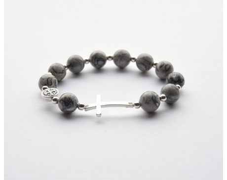 Różaniec bransoletka z jaspisu 10 mm, krzyżyk i św. Benedykt