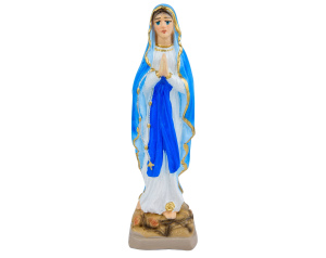 Figurka Matki Bożej Różańcowej w białym i niebieskim płaszczu