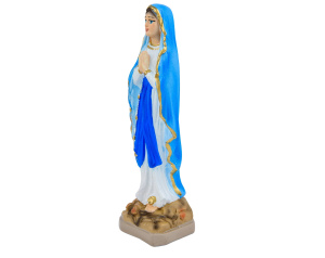 Figurka Matki Bożej Różańcowej w białym i niebieskim płaszczu