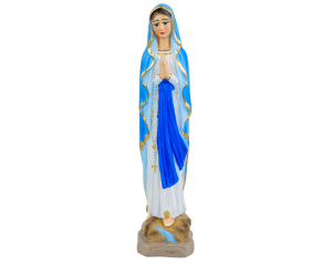 Figurka Maryi Różańcowej w niebieskim płaszczu z różańcem