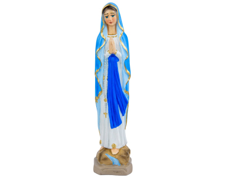 Figurka Maryi Różańcowej w niebieskim płaszczu z różańcem