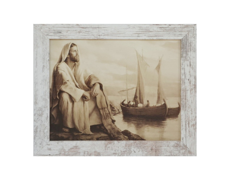 Obraz Jezus nad jeziorem biała przecierana rama