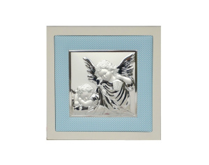 Obrazek srebrny ANIOŁ STRÓŻ niebieska ramka 14x14