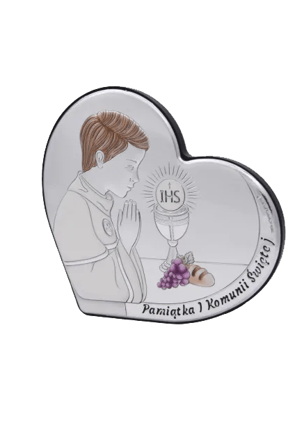 Obrazek srebrny w kształcie serwca na Komunię chłopca