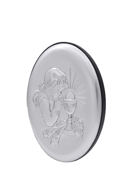 Owalny srebrny obrazek na pamiątkę Pierwszej Komunii Świętej dziewczynki