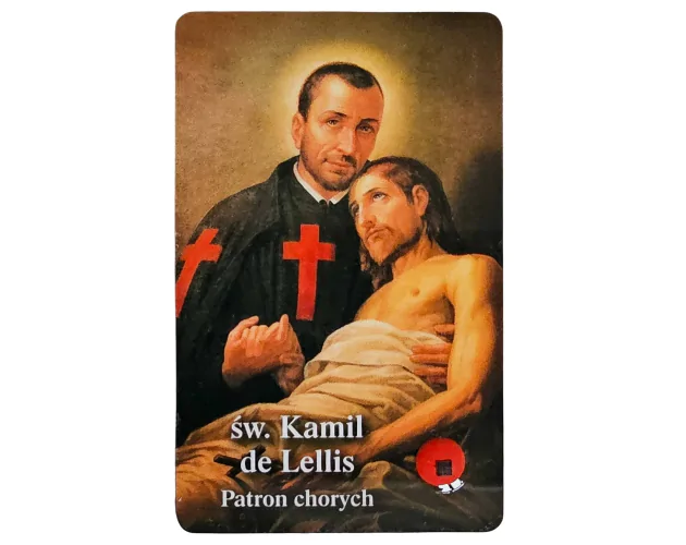 Karta z modlitwą i relikwiami do św. Kamila - patrona chorych 